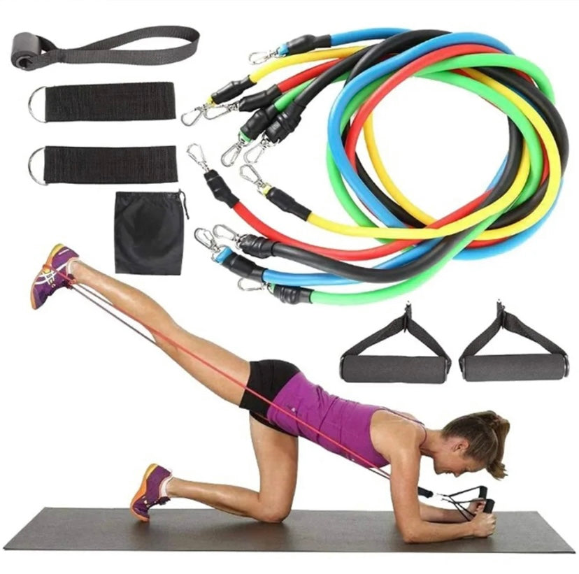 SuperKit 11 Piezas | Combo Bandas Elásticas Tubulares + Azas + Tobillera + Ancla + Tula de Carga